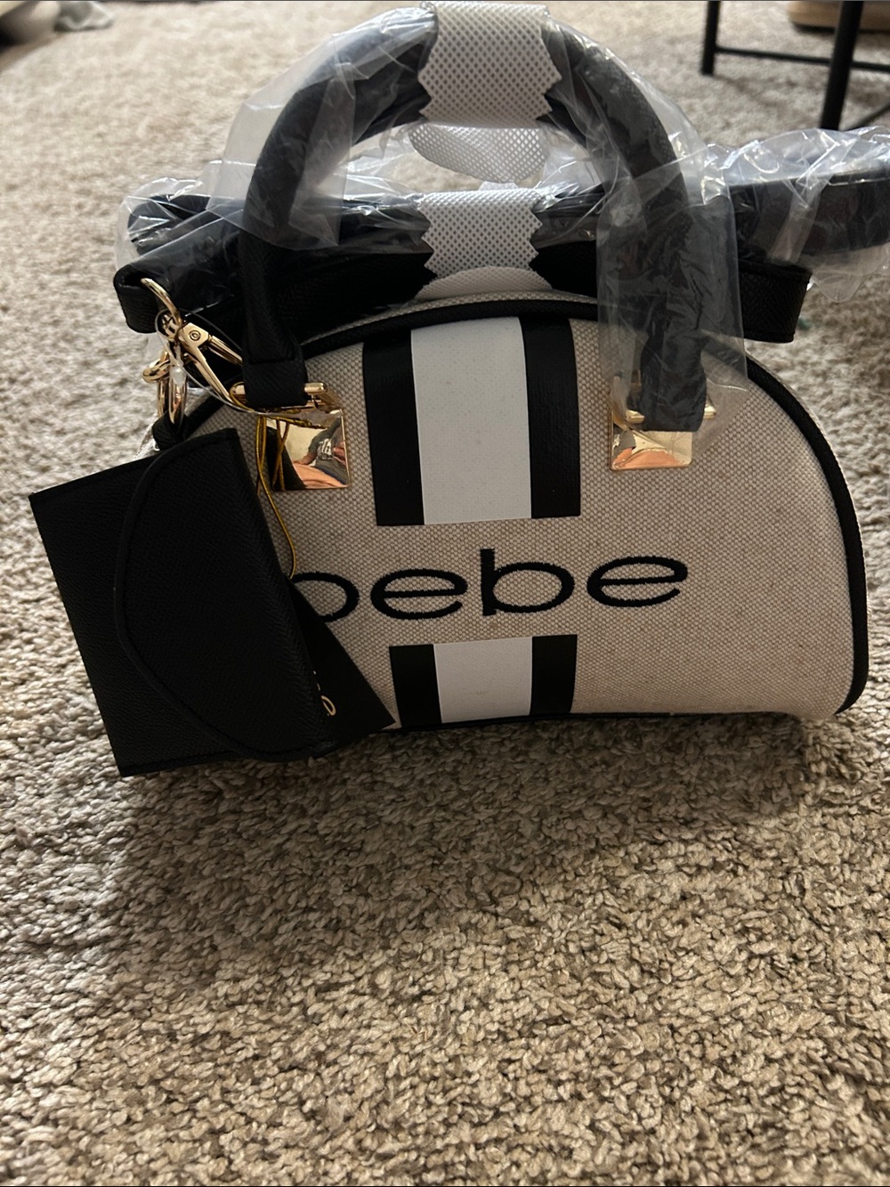 bebe Black & Cream Striped Mini Dome Satchel